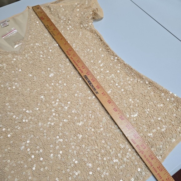 Sundance Top Womens Medium Beige Sequins Beaded Slit Sleeve Pullover Glam - Picture 9 of 11